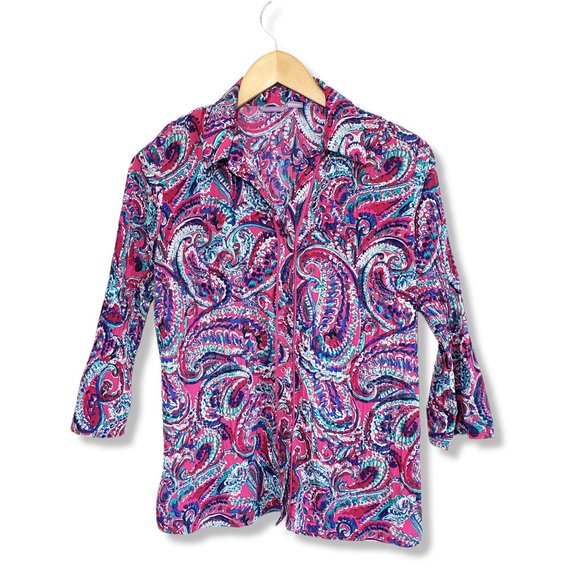 Laura Scott Tops - Laura Scott Purple Paisley Scrunched Button-up Blouse Size Large